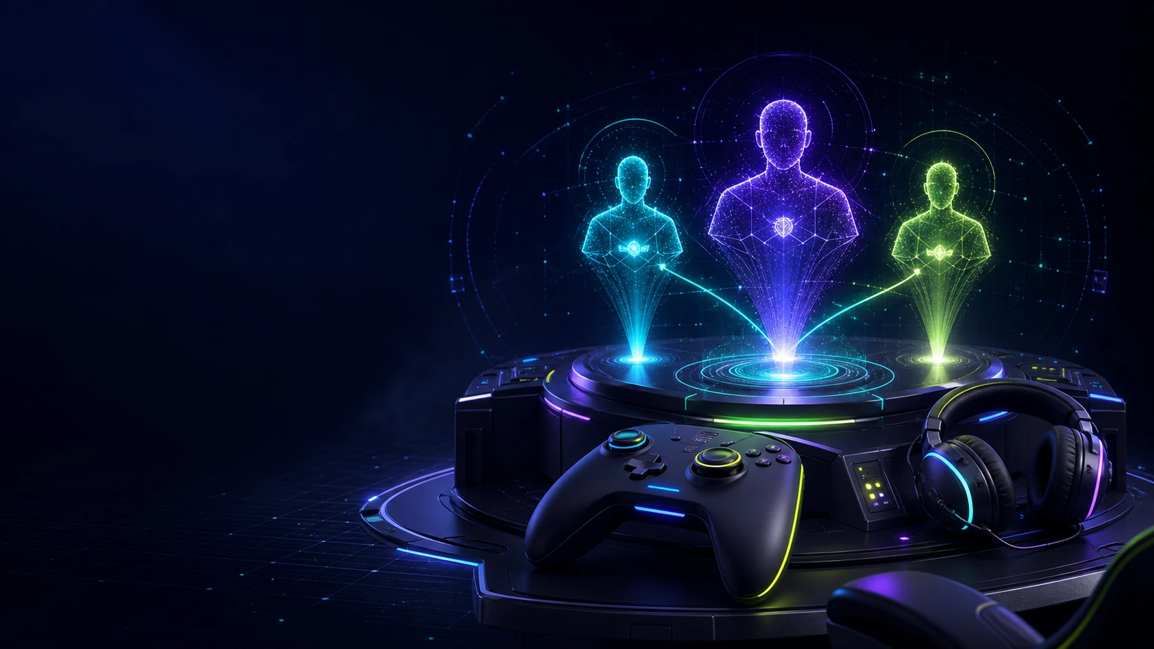 Tre giocatori olografici connessi in una lobby gaming futuristica